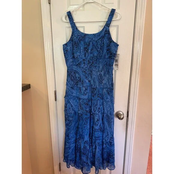 Jones NY Blue Paisley Tiered Midi Dress Sz 12 Sleeveless Flowy Ocean Style NWT - Picture 2 of 9